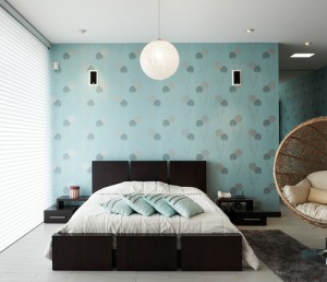 Bold wallpaper adds visual appeal to an otherwise neutral and simple bedroom.