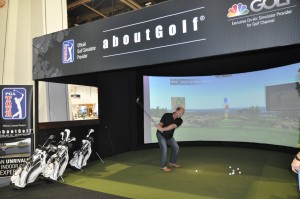 Crowds gather in the convention center to watch attendees test their skills on the aboutGolf PGA TOUR Indoor Golf Simulator.