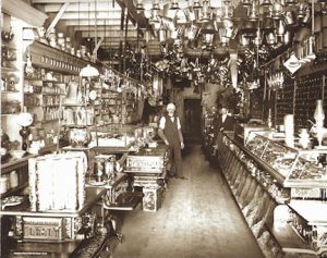 This is an older photo from the inside of Placerville Hardware. The wooden floors are the same ones customers walk on today. 